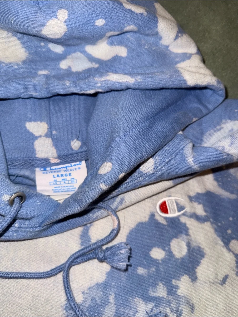Champion Blue and White Tie-Dye Hoodie with Small Embroidered C Logo